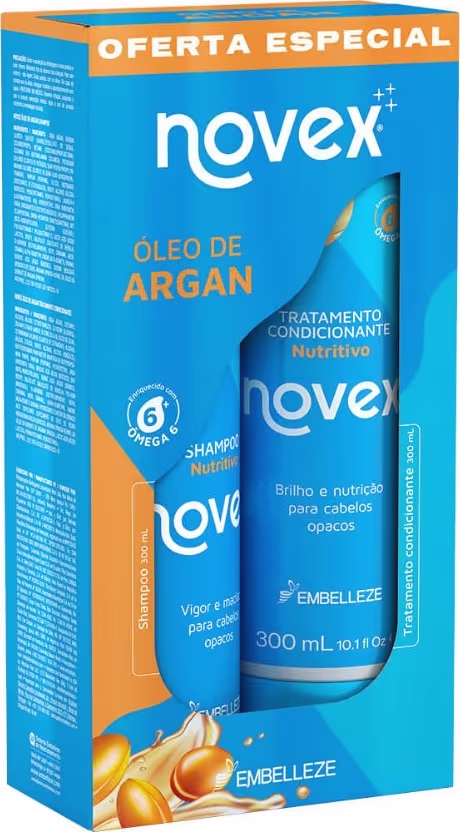 A imagem mostra caixa com kit de shampoo e condicionador  Embelleze Novex Óleo de Argan de 300ml.  A embalagem é azul e laranja, com detalhes das propriedades e benefícios dos produtos, que inclui brilho e nutrição.