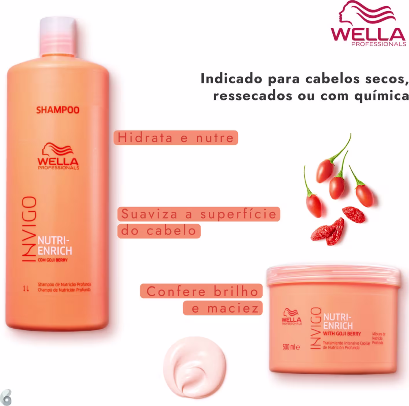 Texto que diz que o kit é indicado para secos, ressecados ou com química. Hidrata, nutre, suaviza a superfície do cabelo e confere brilho e maciez.