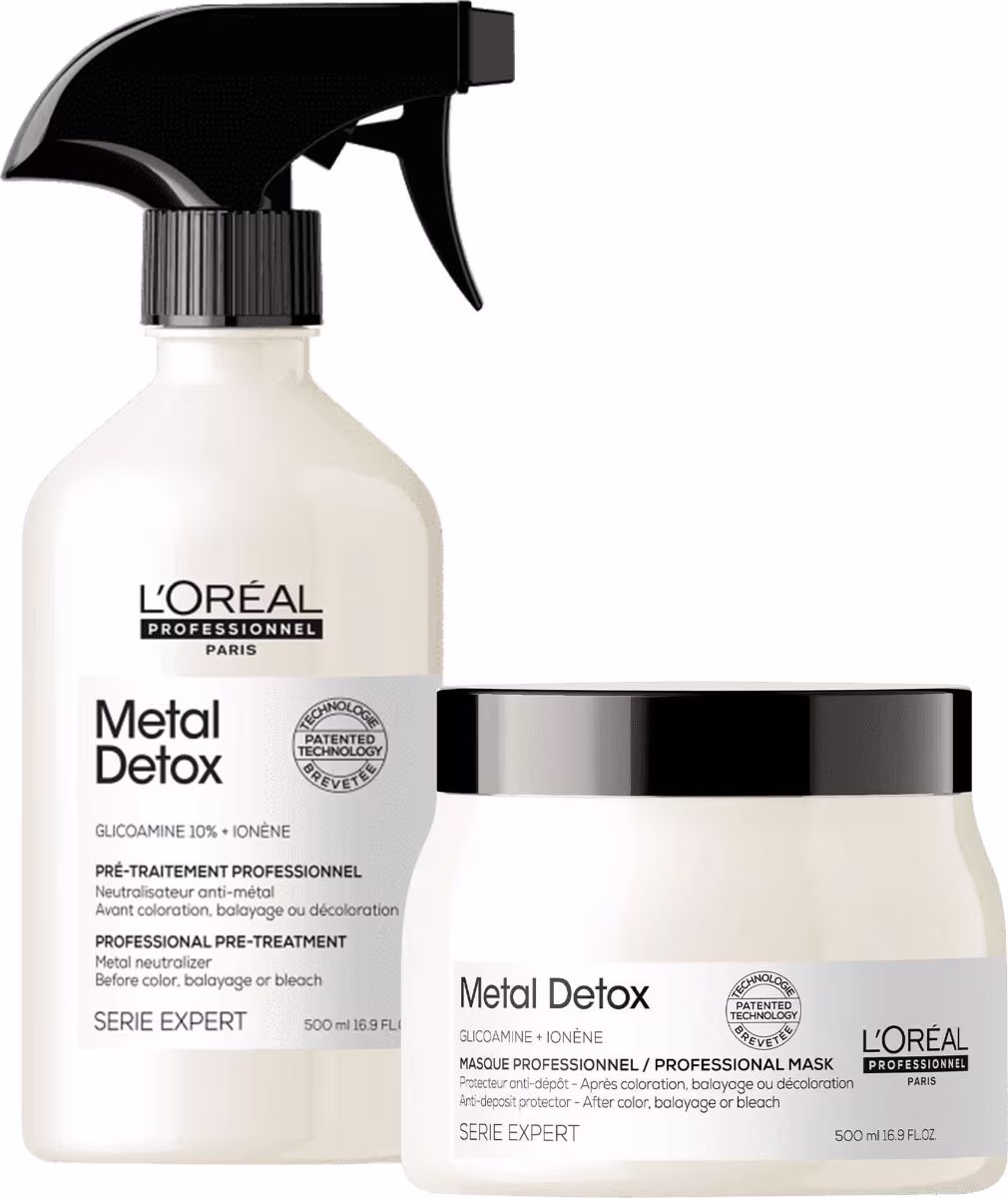 A imagem mostra um kit com dois produtos da marca L'Oréal Professionnel. Um frasco branco com borrifador preto e um pote redondo de máscara branco com tampa preta.