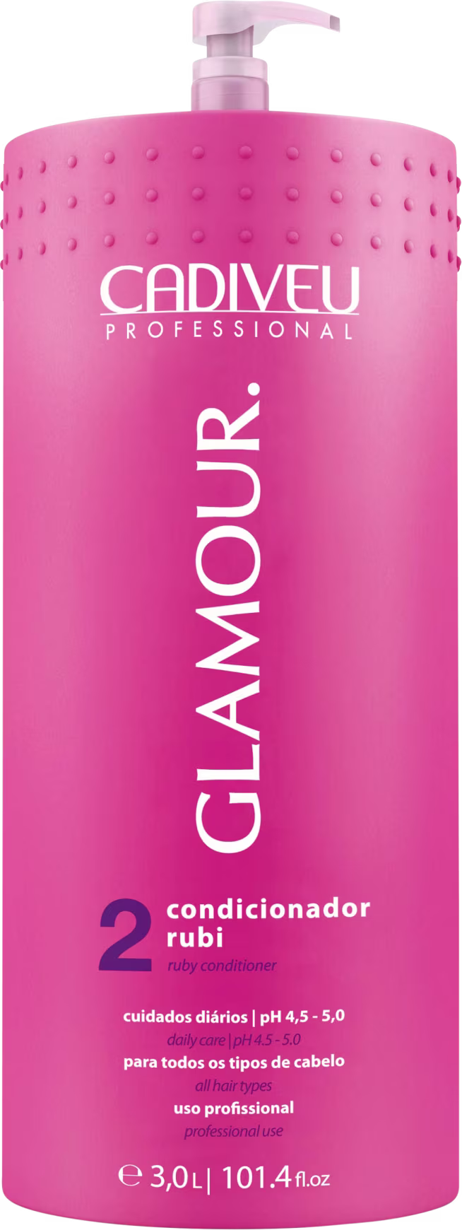 Frasco rosa de 3 litros do condicionador Glamour da linha Cadiveu Professional, com bomba dosadora e rótulo destacando o uso profissional e os cuidados diários com o cabelo.