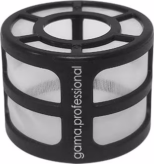 A imagem mostra um filtro de malha para secador. Ele possui um formato arredondado com uma estrutura circular preta parece ser feita de plástico. Já a parte interna possui um tecido com pequenos furos, como uma pequena peneira.