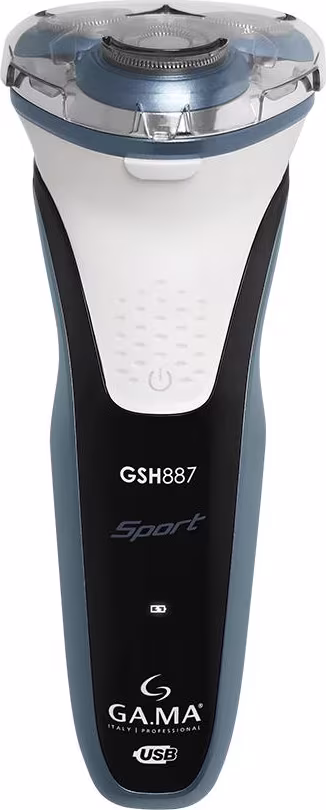 Barbeador elétrico recarregável USB da marca GA.MA Italy. Corpo preto e cinza com detalhes cromados. Cabeça de corte arredondada transparente.