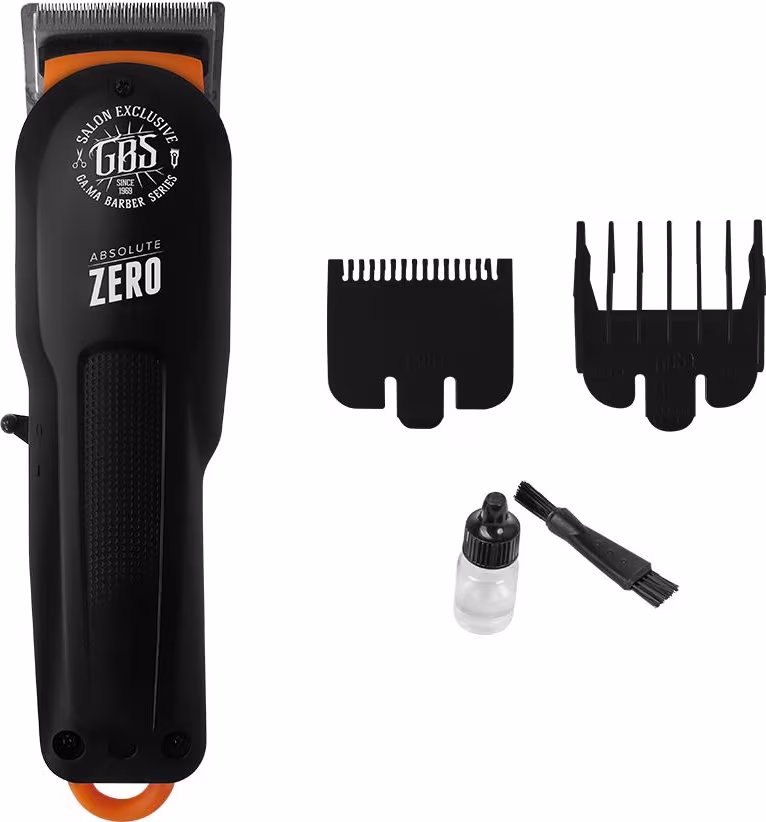 A imagem mostra a máquina de corte e ao lado dela dois pentes, um pequeno vídeo transparente com óleo lubrificante e uma escovinha de limpeza.