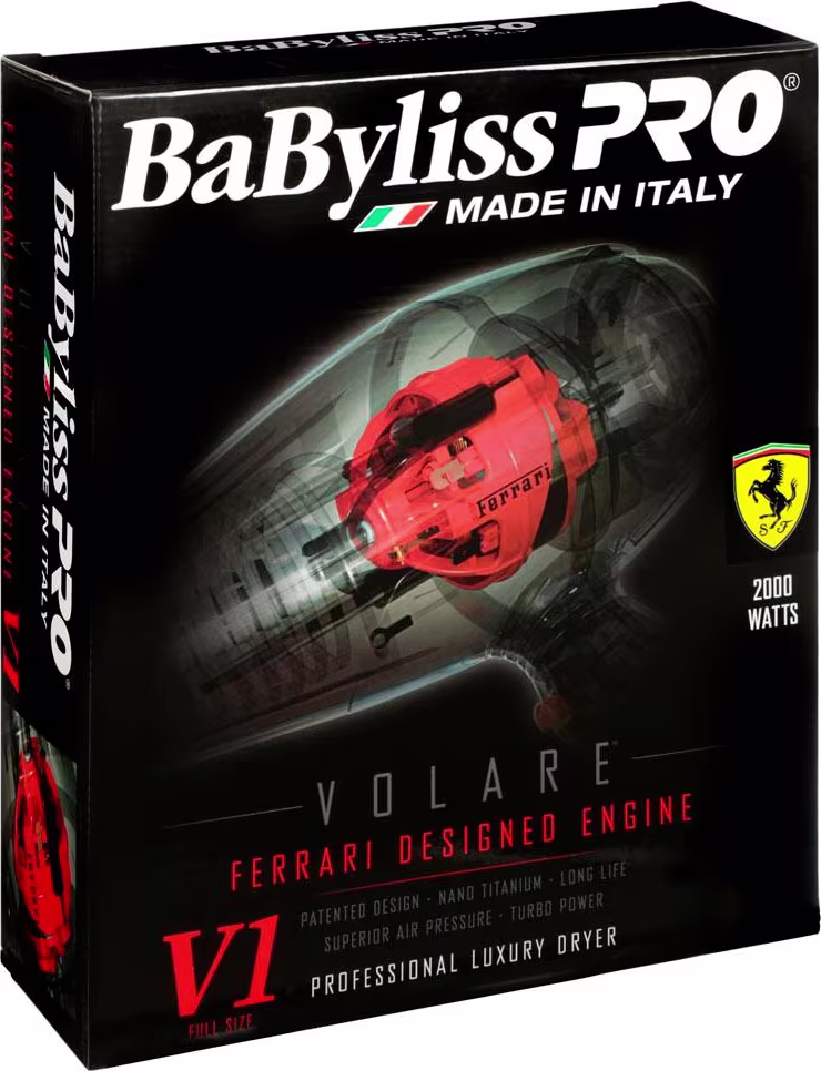 É uma caixa de papelão preta para um secador de cabelo profissional da linha BaBylissPRO Volare. As informações realçam que é um secador de luxo e de alta performance, feito na Itália.
