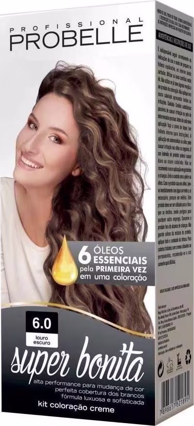 Coloração de cabelo creme da marca Probelle. Embalagem retangular com imagem de uma mulher sorridente com cabelos longos e ondulados em tons castanhos. Texto "Super Bonita" e "6.0 louro escuro" indicando a tonalidade.