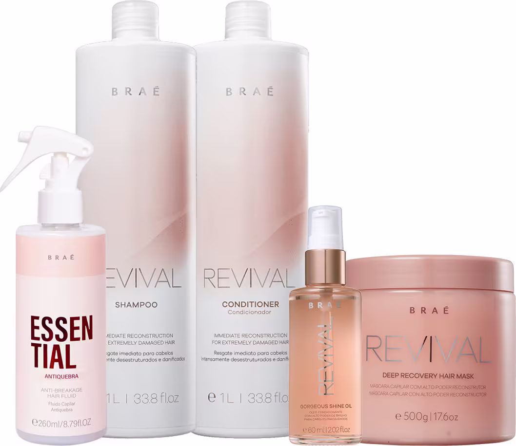 A imagem mostra uma linha de produtos para cabelos da marca Brae: shampoo e condicionador Revival, máscara capilar Revival, óleo capilar Revival e um fluído capilar Essential.