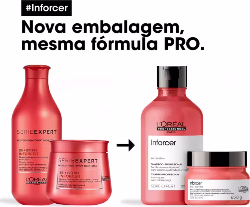 A imagem mostra dois produtos da linha Inforcer da L’Oréal Professionnel, em embalagem coral, antiga e, do lado direito, as embalagens novas.
