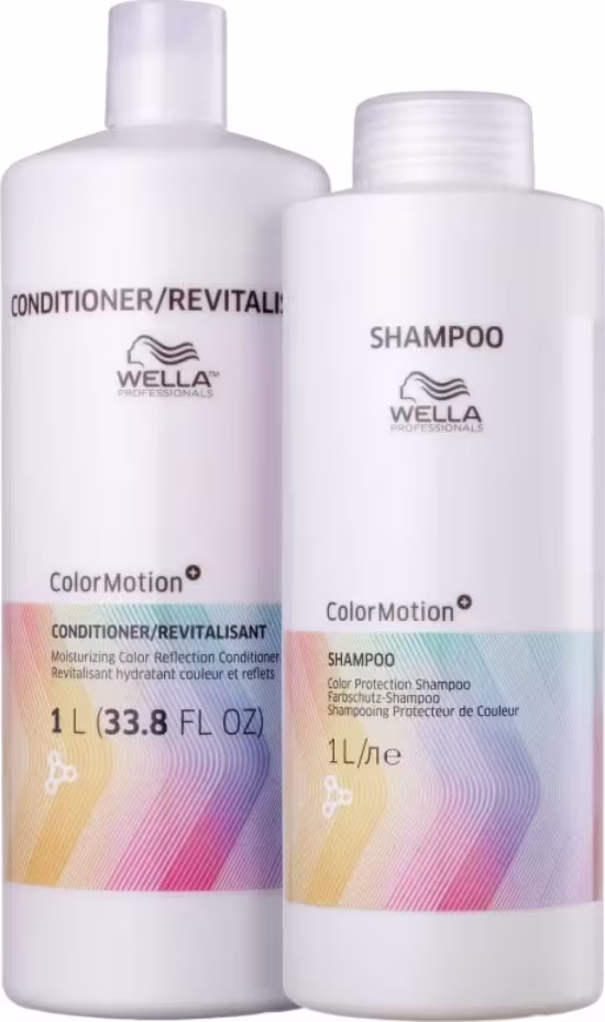 Dois frascos brancos da linha Color Motion da Wella Professionals, um de condicionador/revitalizante e outro de shampoo, com rótulos indicando as funções de proteção e revitalização da cor.