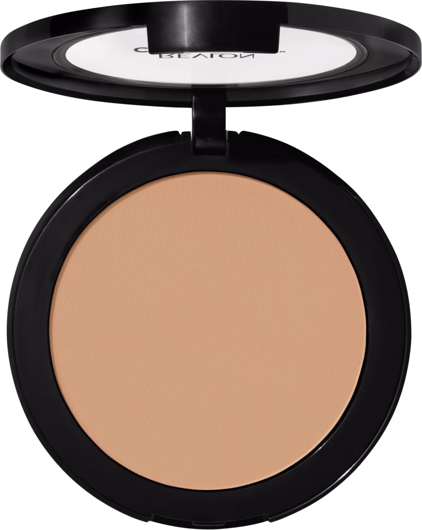 Pó compacto de maquiagem Revlon em embalagem redonda preta. A superfície do pó tem uma cor bege claro uniforme. A tampa transparente exibe o logotipo "Revlon" em letras brancas. O produto apresenta um design minimalista e elegante.