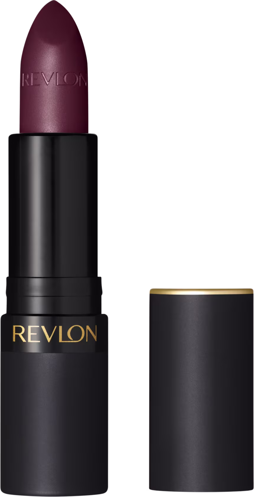 Batom em bala com embalagem toda preta e "Revlon" escrito em dourado.