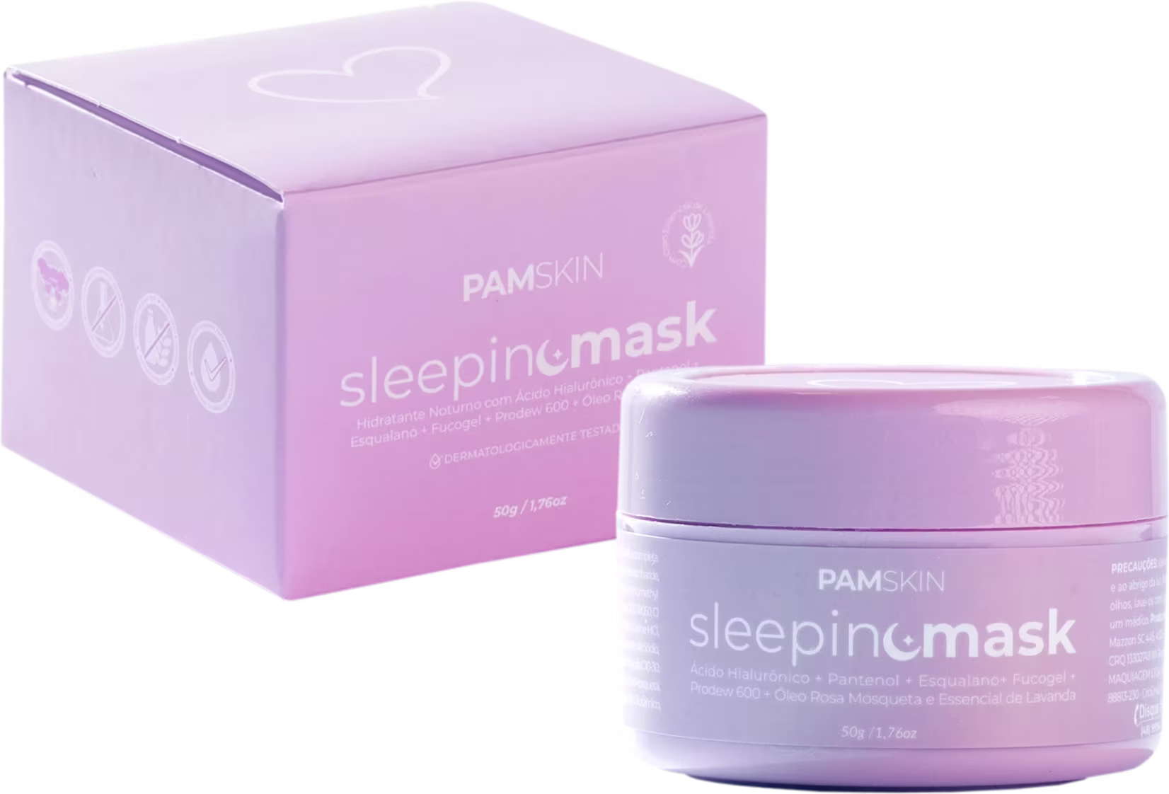 A imagem mostra a caixa e o frasco da máscara facial sleeping mask, lado a lado.