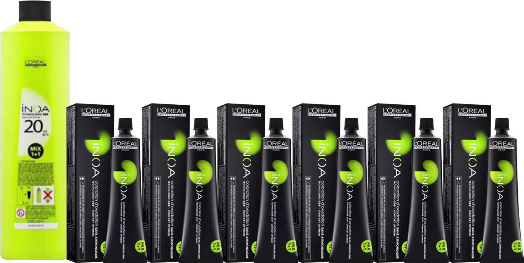 A imagem mostra um oxidante inoa 1L e 6 tubos de coloração permanente inoa.