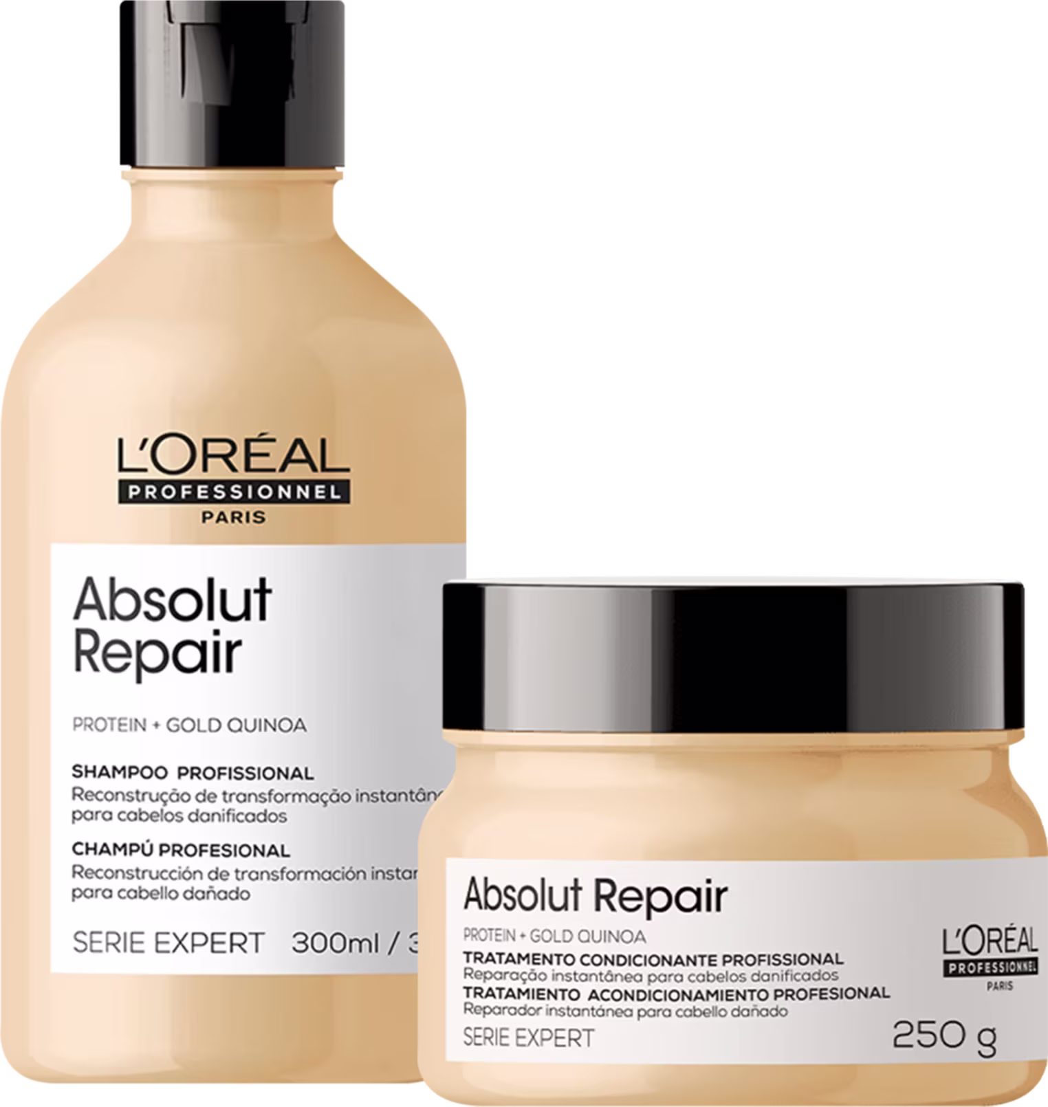 Imagem mostra um shampoo e uma máscara da linha Absolut Repair da L'Oréal Professionnel. O shampoo vem em um frasco plástico e a máscara em um pote bege com tampa preta. Ambos os produtos são amarelo claro.