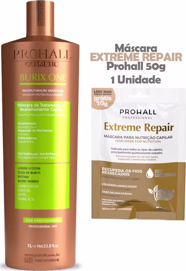 Kit com escova progressiva Burix One e máscara capilar Extreme Hair, da marca Prohall Cosmetic.
