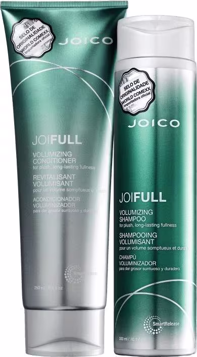 A imagem mostra dois produtos da linha Joifull marca Joico: um condicionador e um shampoo com embalagens e tom verde e prateado.