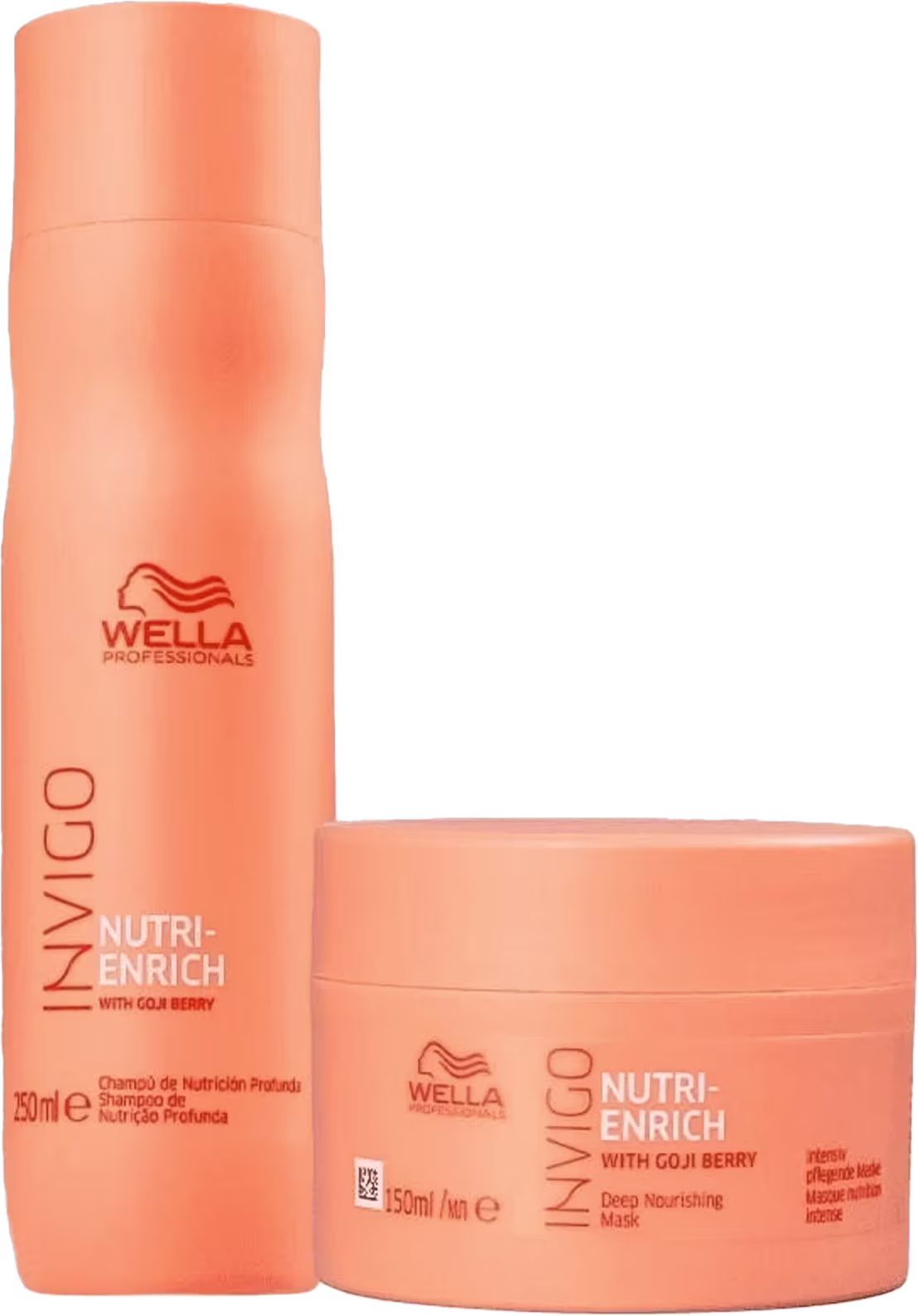 Shampoo Wella Professionals Nutri-Enrich em embalagem plástica laranja de 250ml e pote redondo laranja de 150ml com a descrição Máscara de Nutrição Profunda para tratamento capilar.
