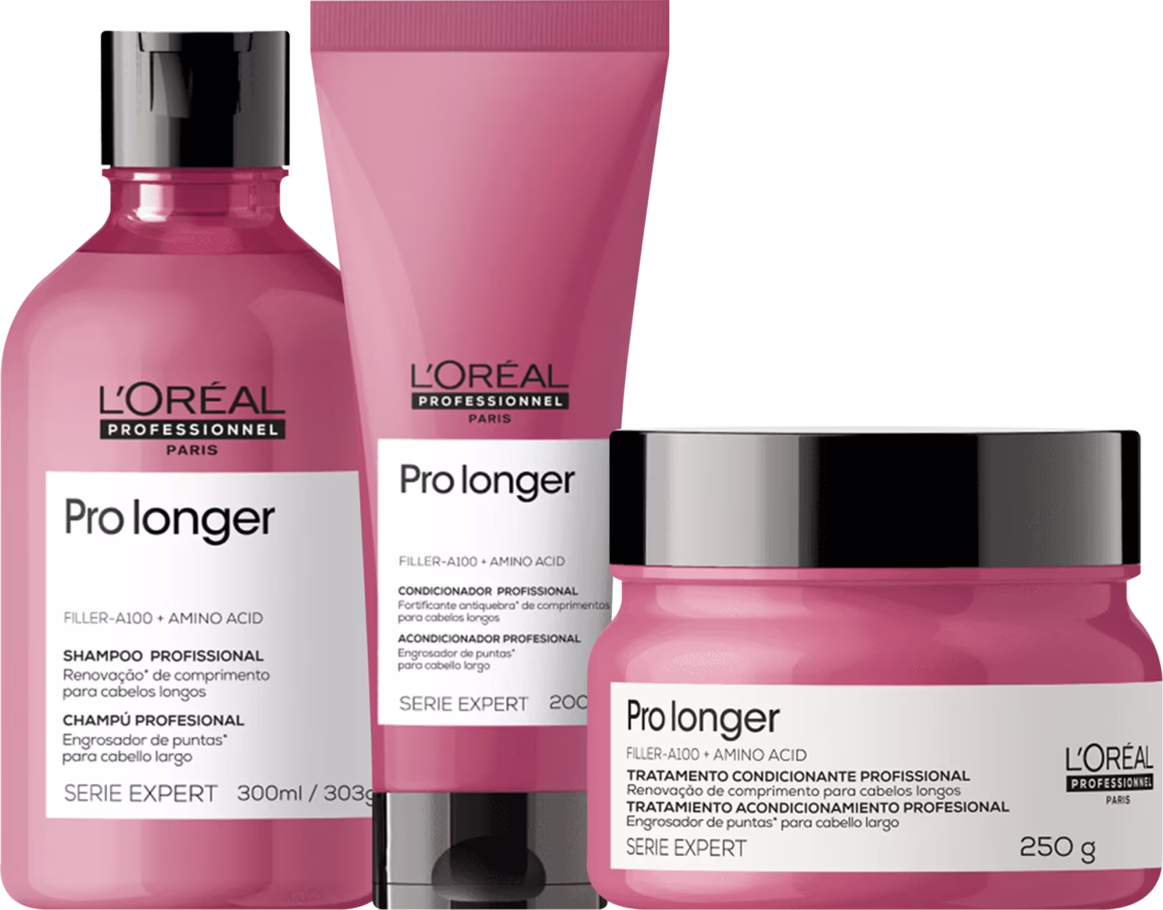 A imagem mostra um pote arredondado de máscara, um frasco arredondado de shampoo e uma bisnagas com condicionador. Todos de cor rosa escuro, rótulo branco e tampa preta.