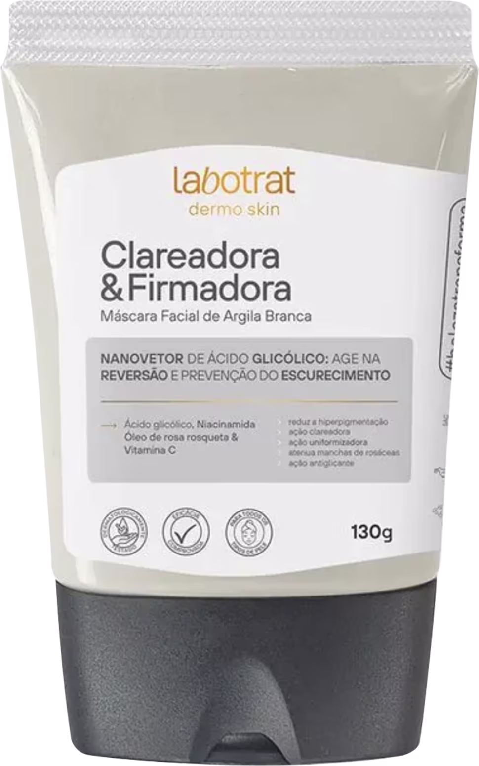 O produto apresentado é uma máscara facial de argila branca da marca Labotrat, chamada "Clareadora & Firmadora". 130g de volume.