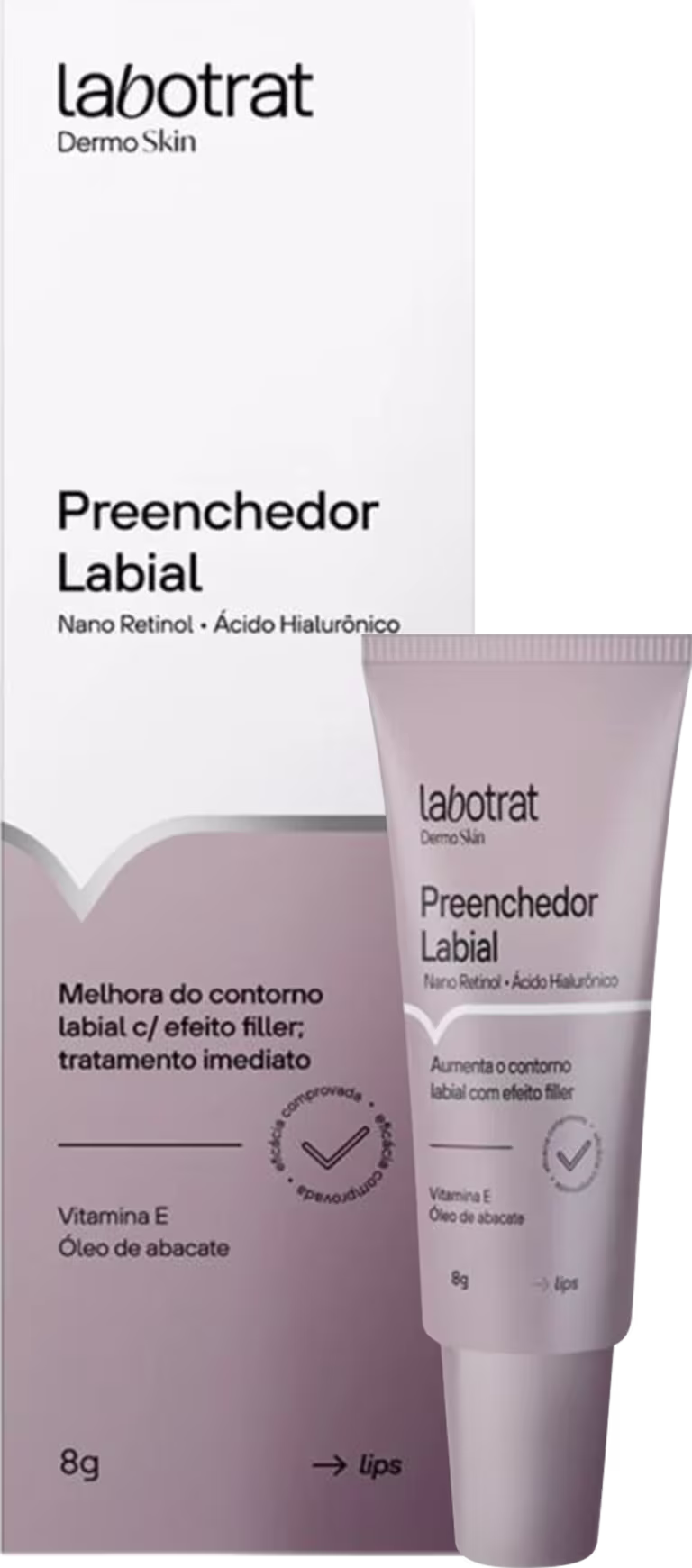 O produto apresentado é um Preenchedor Labial da marca Labotrat. A embalagem é um tubo de cor clara, com o nome do produto e informações sobre seus ingredientes e benefícios impressos no rótulo. Volume de 8g.