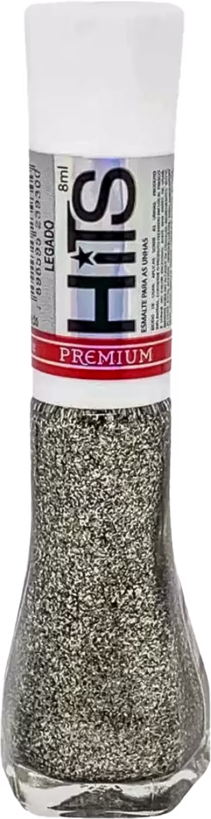 Frasco de esmalte de unhas da marca HITS Premium. O frasco é transparente, permitindo ver o esmalte prateado brilhante com partículas cintilantes no interior. .