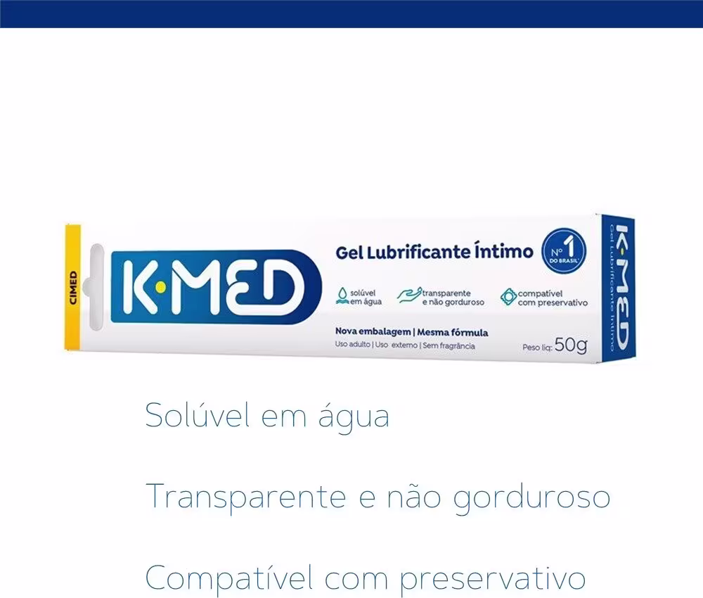 Gel Lubrificante K-Med: solúvel em água, transparente e não gorduroso e compatível com preservativo.