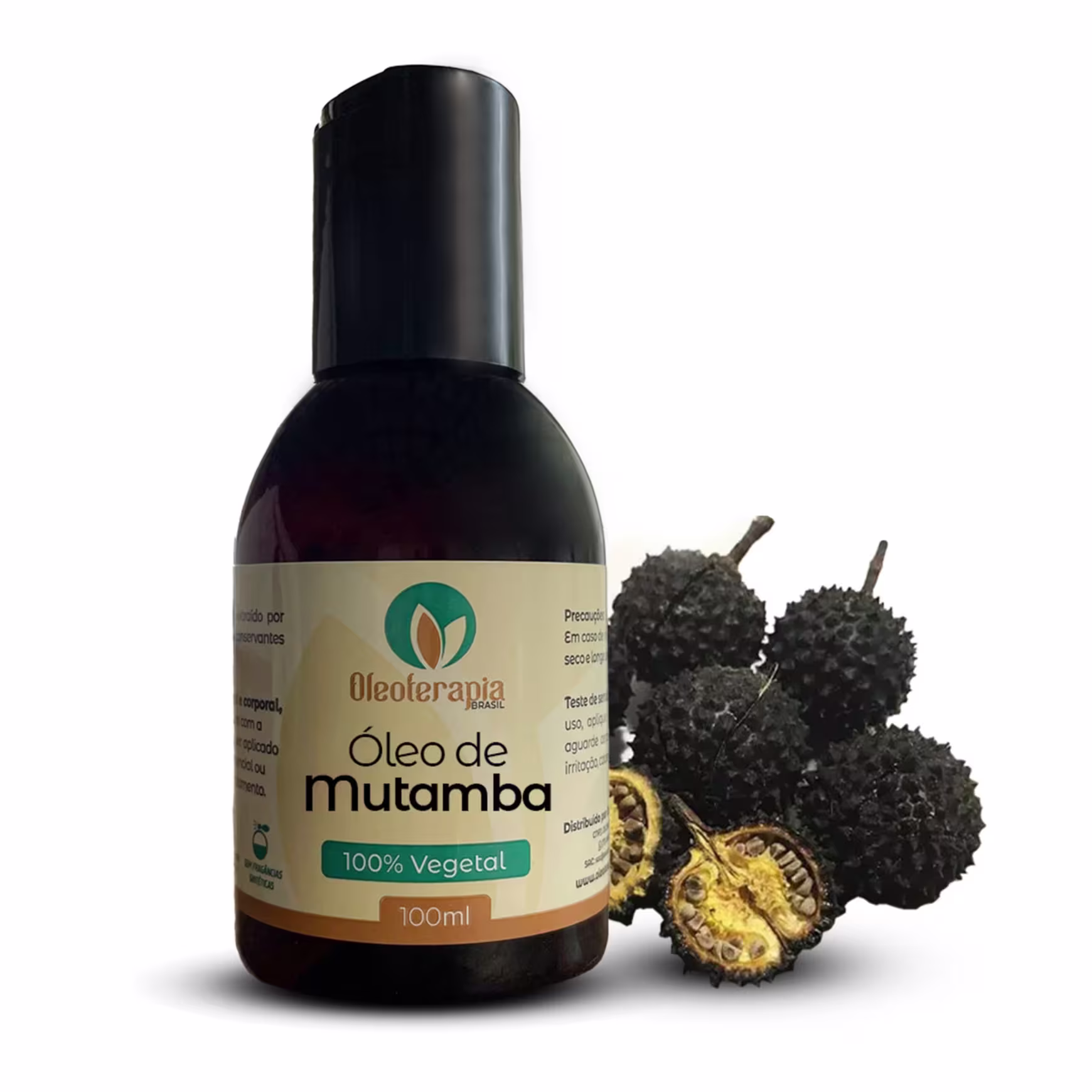 O produto apresentado é um frasco de óleo de mutamba da marca Oleoterapia Brasil. Junto ao frasco, há alguns frutos pretos que parecem ser mutambas, o ingrediente principal do óleo