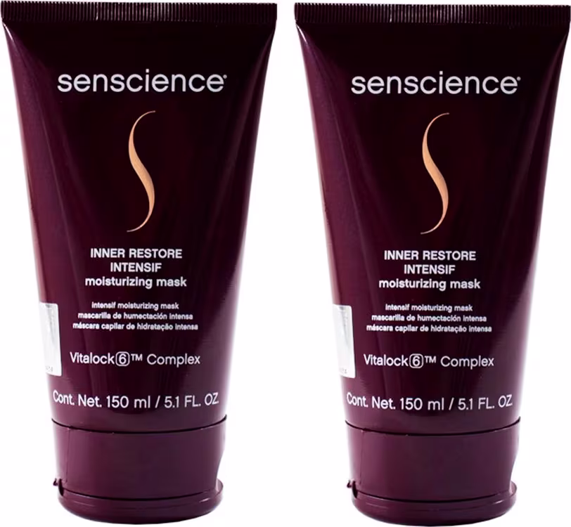 A imagem mostra duas máscaras Inner Restore Intensif da marca Senscience, com 150ml cada.