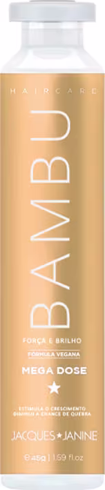Frasco de tratamento capilar Bambu da marca Jacques Janine Professionnel, com fórmula vegana e dose mega para brilho. Embalagem de vidro transparente com rótulo em tons de laranja e branco.
