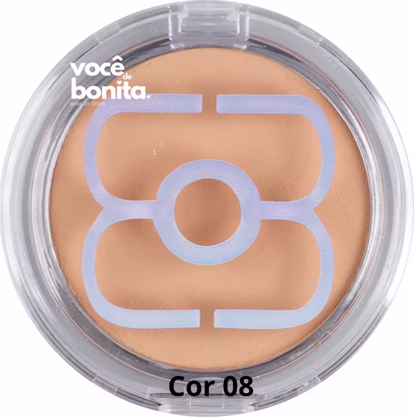 Pó compacto facial da marca Você Bonita. Embalagem redonda transparente com tampa plástica. O pó tem cor bege e apresenta um símbolo azul claro no centro. Na parte inferior está impresso o código de cor "Cor 08".