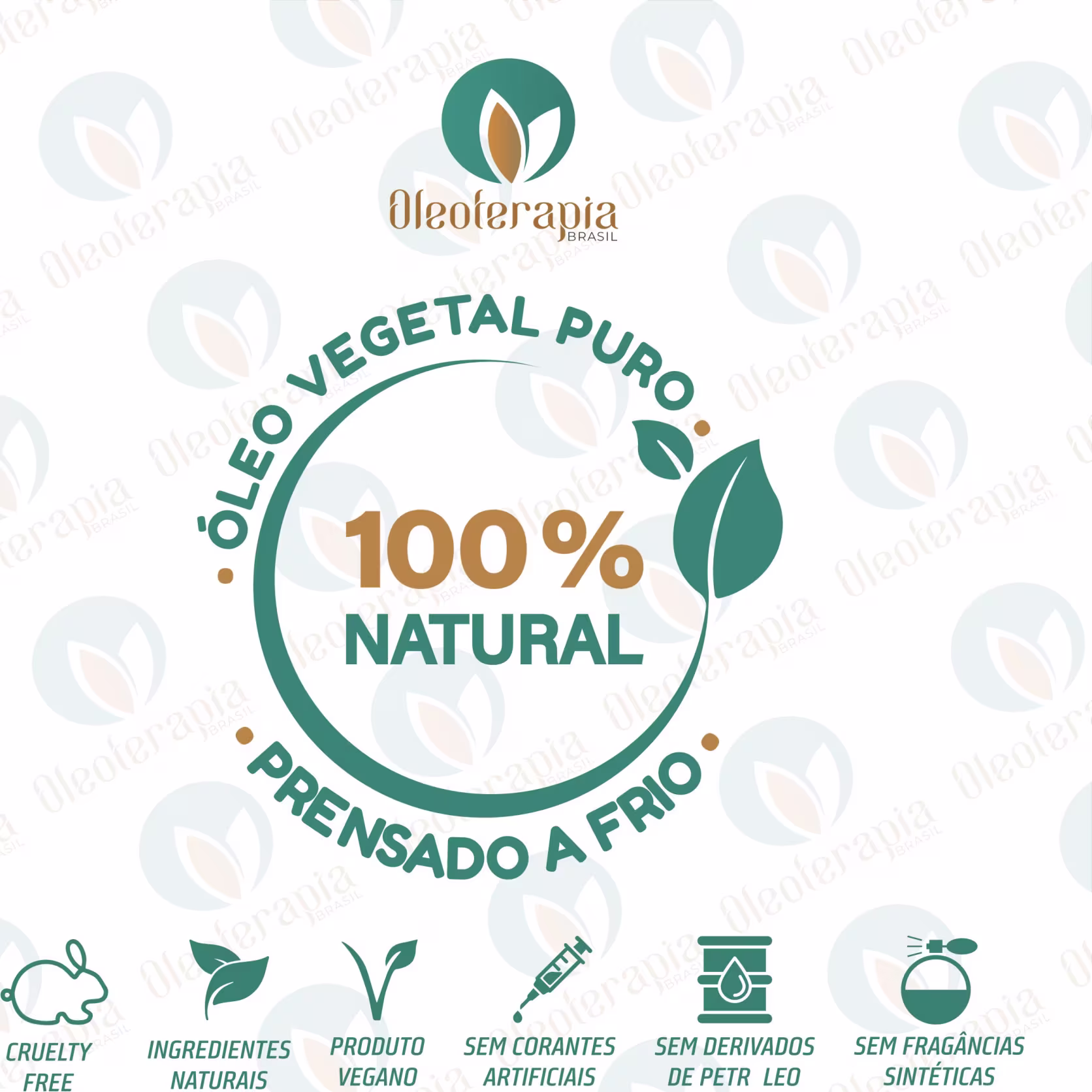 A imagem mostra selo de certificação da marca Oleoterapia Brasil, indicando que o produto é 100% natural, vegetal e puro, sem corantes artificiais, derivados de petróleo ou fragrâncias sintéticas, livre de crueldade animal e possui ingredientes naturais.