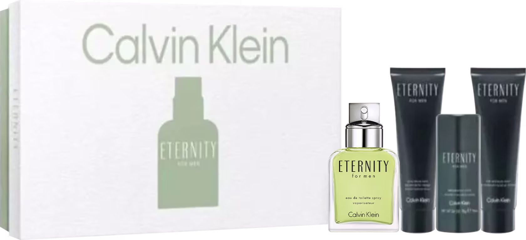 Conjunto masculino com perfume Eternity Men, loção pós-barba, desodorante e body wash Calvin Klein.