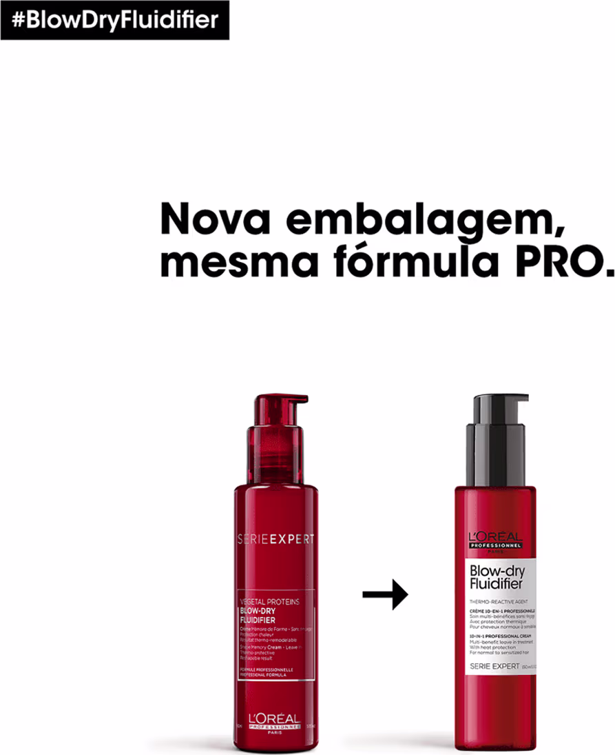 Dois frascos de cuidado capilar. Os frascos são vermelho translúcido e possuem bombas dosadoras na parte superior. Um tem detalhes em preto e o outro em vermelho. O texto na imagem indica que se trata do mesmo produto  com uma nova embalagem.