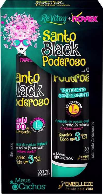 A imagem mostra caixa com kit de shampoo e condicionador Embelleze Novex Santo Black Poderoso, de 300ml cada. A embalagem é preta e verde, com ilustração de uma mulher com cabelos volumosos e óculos escuros.