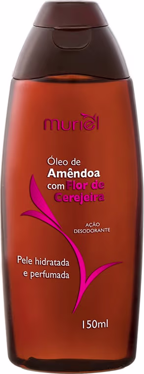Frasco de óleo de amêndoa com flor de cerejeira da marca Muriel, com embalagem em tons de laranja e rosa, contendo 150ml do produto.