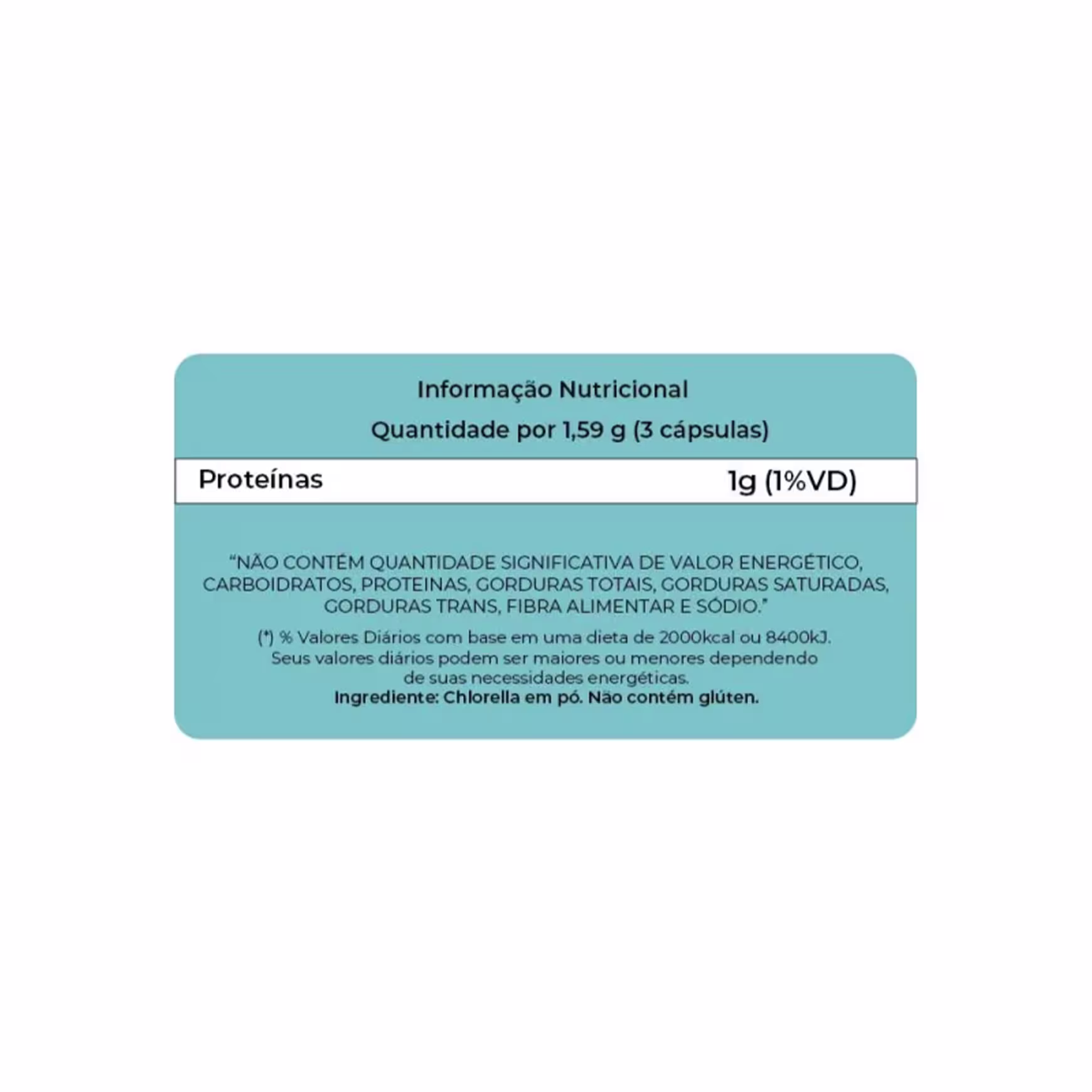 Informação Nutricional
Quantidade por 1,59 g (3 cápsulas)
Proteínas 1g (1%VD)
Não contém quantidade significativa de valor energético, carboidratos, proteínas, gorduras totais, gorduras saturadas, gorduras trans, fibra alimentar e sódio.