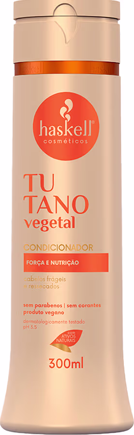 Condicionador Haskell. O frasco possui um rótulo circular laranja com o logotipo da marca Haskell. O produto é descrito como tendo "força e nutrição" e é indicado como sendo livre de parabenos e corantes, além de ser um produto vegano.