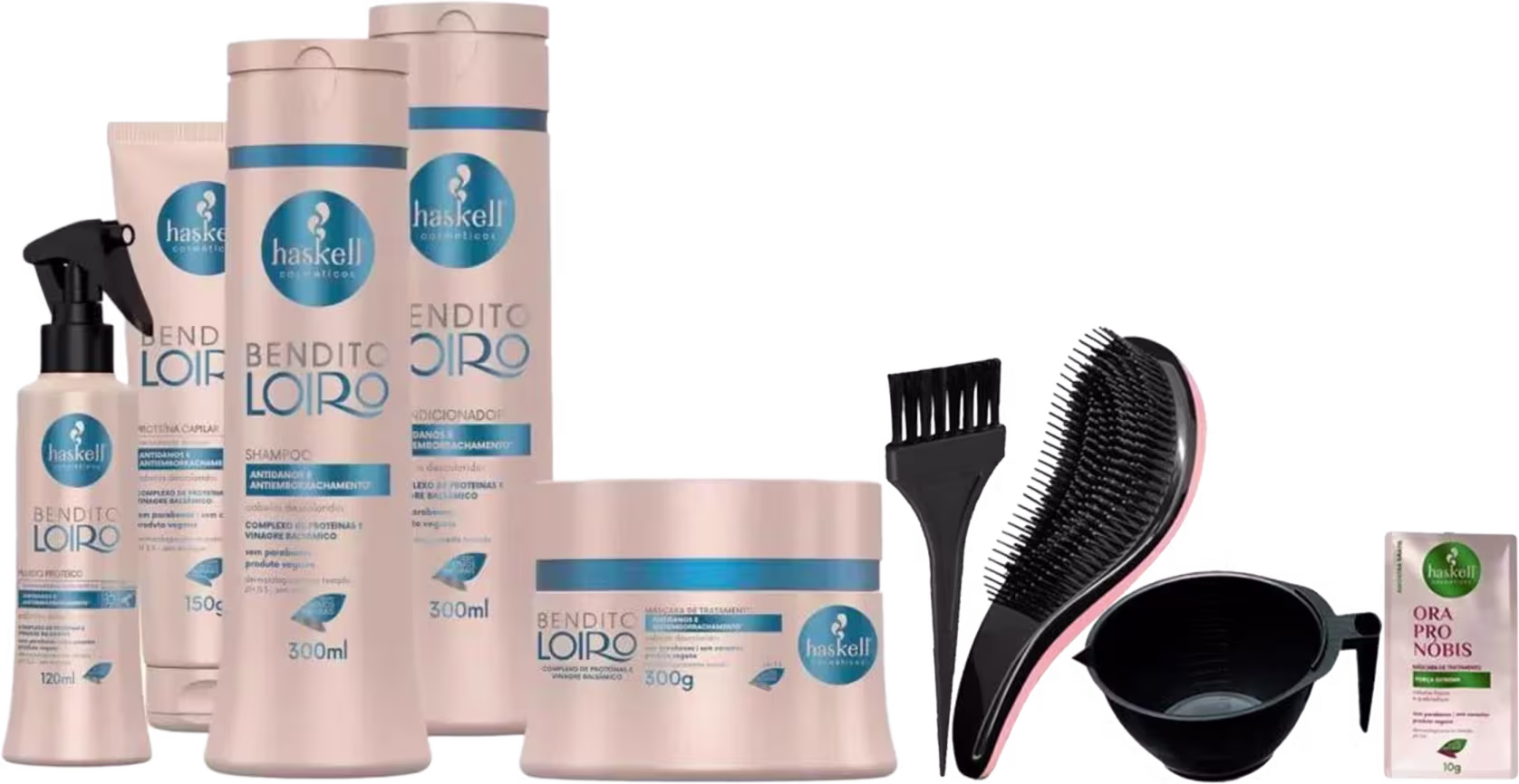 Kit com shampoo, condicionador, máscara, fluido proteico e proteina capilar da linha Bendito Loiro da marca Haskell. Acompanha kit com pincel, escolva, pote e miniatura de máscara Ora Pro Nobis.