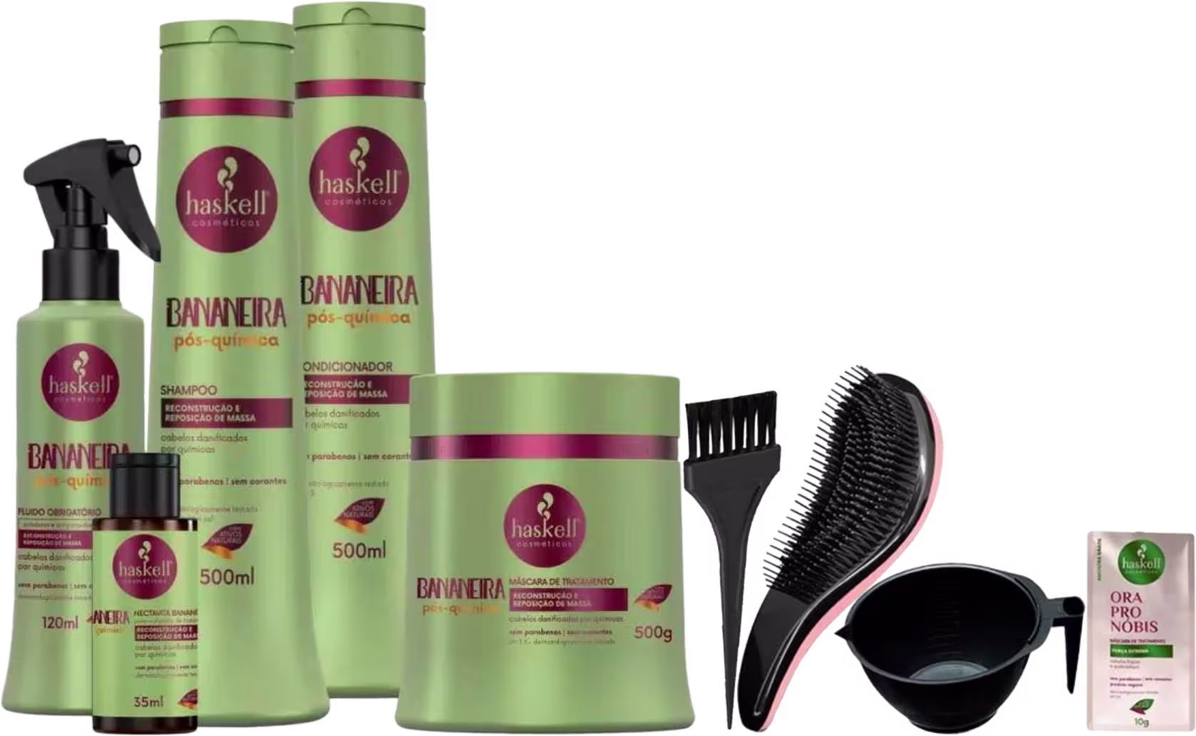 Kit com shampoo, condicionador, máscara, fluido obrigatório e tratamento capilar Bananeira da marca Haskell. Acompanha combo com pincel, escova mágica, pote e máscara Ora Pro Nobis em tamanho mini.
