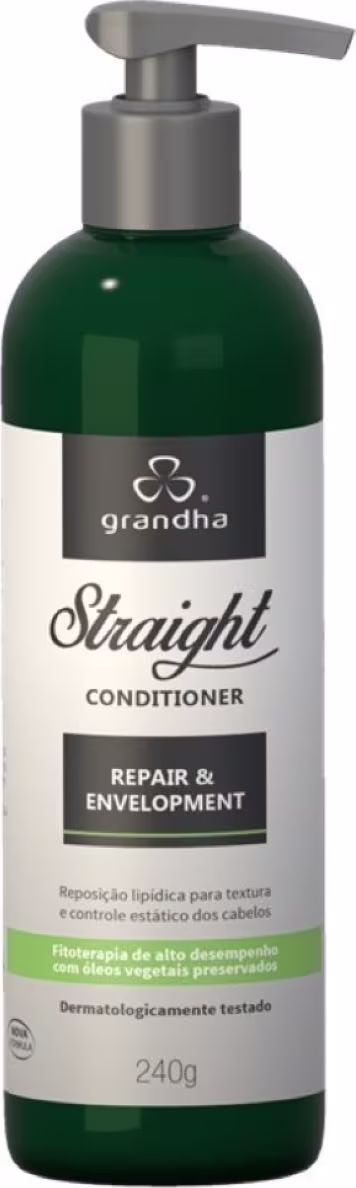 Frasco de condicionador Grandha Straight, com 240g, em embalagem verde e branca, com rótulo destacando "Repair & Envelopment" e informações sobre o produto.