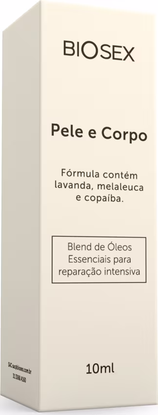 A imagem mostra embalagem: uma caixa branca com o nome da marca e os ingredientes principais destacados: lavanda, melaleuca e copaíba. Contém 10ml do produto, que é descrito como um blend de óleos essenciais para reparação intensiva da pele.