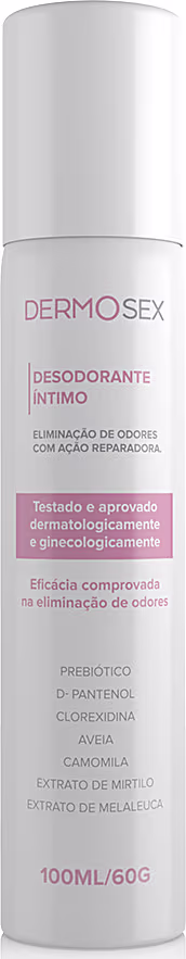 O produto apresentado é um desodorante íntimo da marca Dermosex. A embalagem é um frasco branco com um rótulo rosa, contendo informações sobre o produto, como sua finalidade de eliminar odores íntimos com ação reparadora.