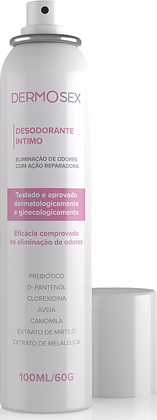 O produto apresentado é um desodorante íntimo da marca Dermosex, com 60g.