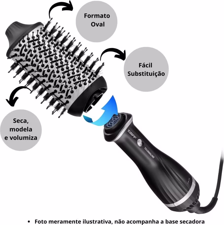 Refil para escova secadora. Possui um formato oval e um design compacto, com um corpo preto e detalhes em azul. Há informações sobre a facilidade de substituição dos acessórios e o recurso de seca, modelagem e volumização dos cabelos.