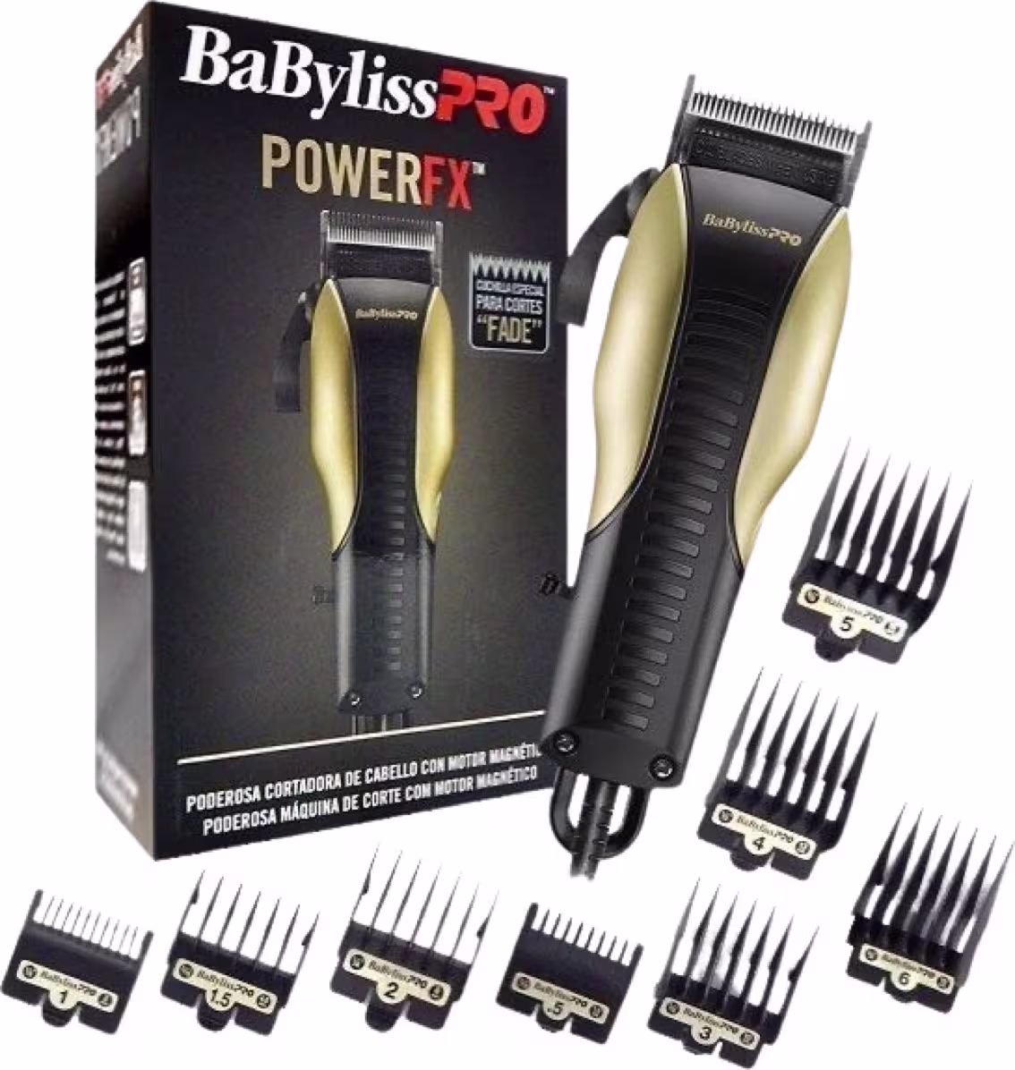 A imagem mostra a máquina de corte de cabelo da marca BaBylissPRO. Ao redor tem a caixa da máquina de corte de cabelo preta com detalhes dourados e ao redor tem os pentes acessórios numerados de 1 a 8, em plástico preto.