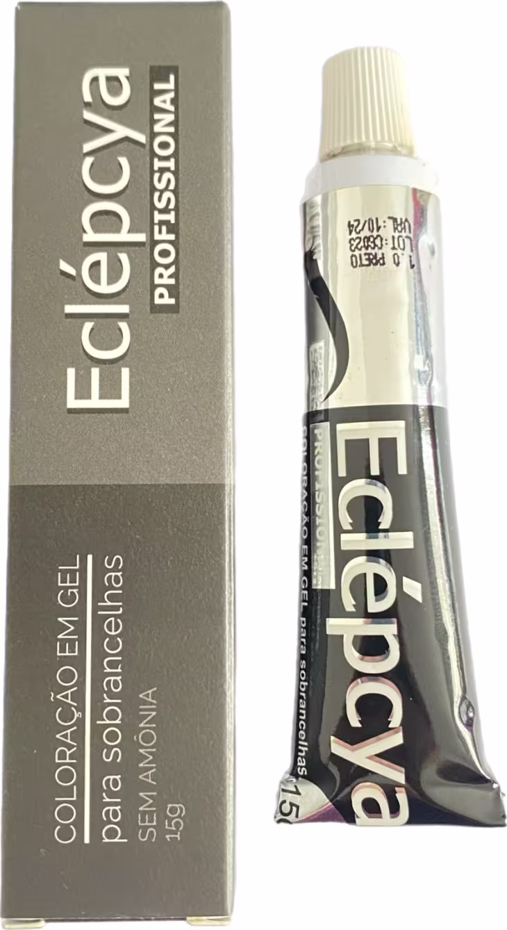 Este é um produto de maquiagem da marca Eclépcya Professional. É um gel colorido em embalagem retangular preta com detalhes em relevo. A embalagem apresenta o nome do produto "Coloracao em Gel" e a descrição "Pele Sobrancelhas" em letras brancas.