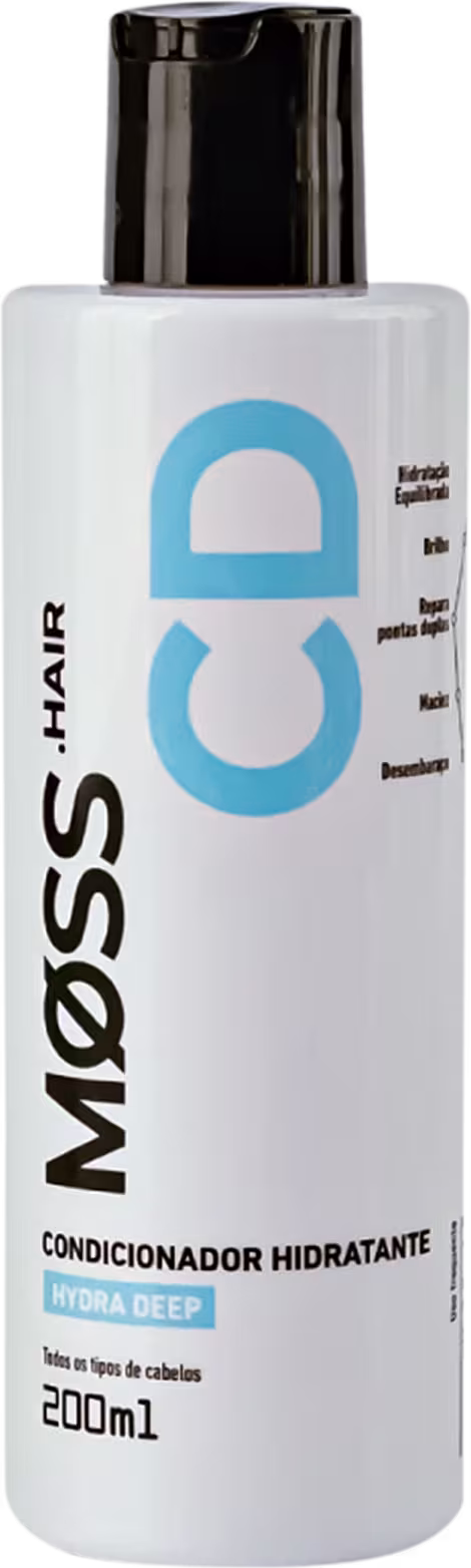 A imagem mostra o frasco do condicionador hidratante da linha Hydra Deep da marca MOSS. Seu frasco é branco com tampa dosadora preta e letras na cor preta e azul. O rótulo indica que possui capacidade de 200ml.