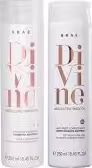 A imagem mostra dois produtos da linha Divine de Braé. Ambos são cilíndricos, cor branca e detalhes em rosé gold. Sendo um shampoo e um condicionador.