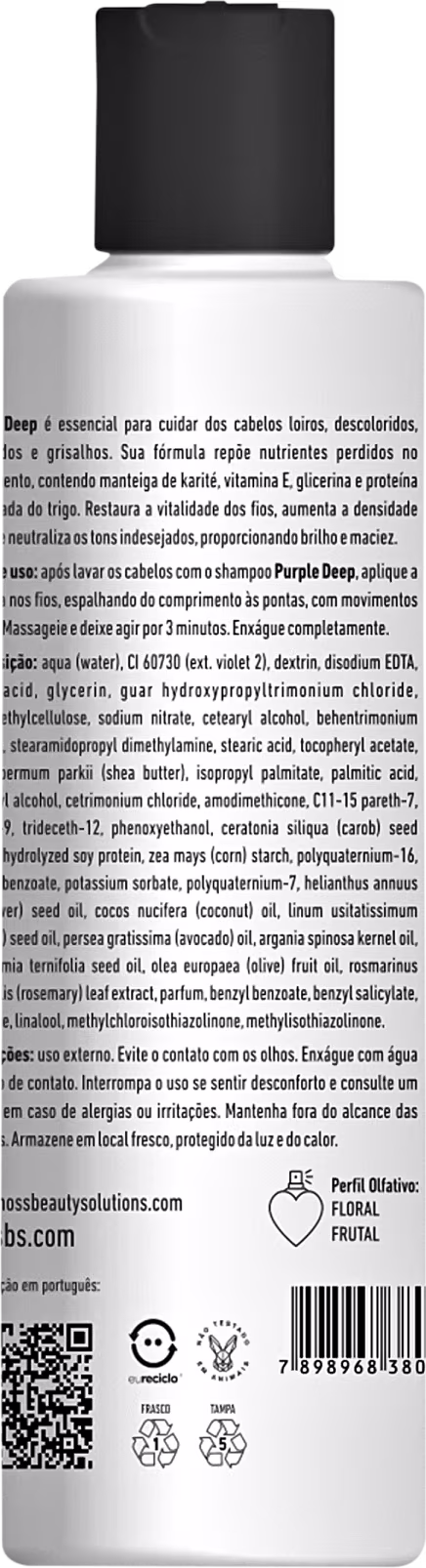 A imagem mostra o verso do frasco com informações sobre o produto, ingredientes, modo de uso e selos de certificação como "eureciclo" e "não testado em animais".