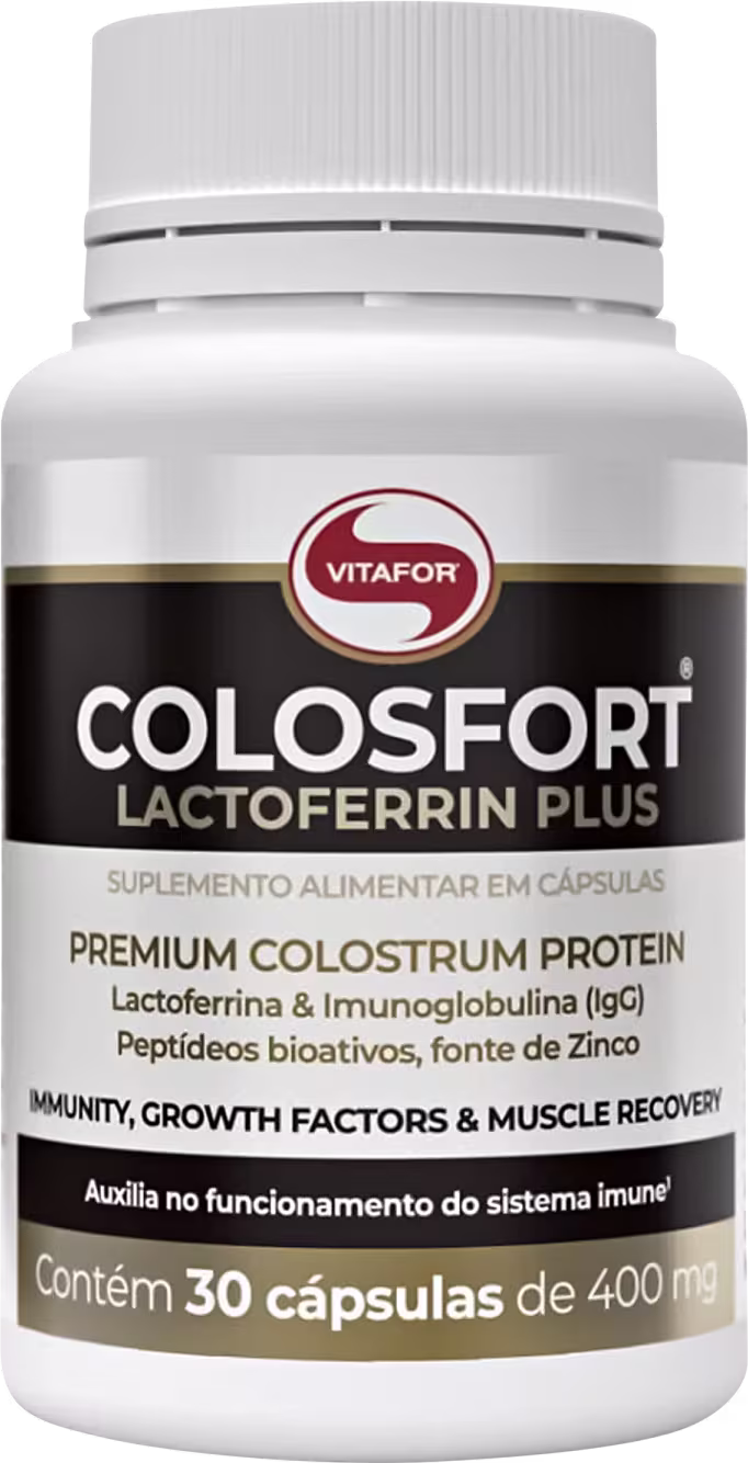 Frasco branco contendo 30 cápsulas de 400 mg do suplemento alimentar Colosfort Lactoferrin Plus da marca Vitafor. O rótulo destaca os ingredientes como lactoferrina, imunoglobulina e peptídeos bioativos.