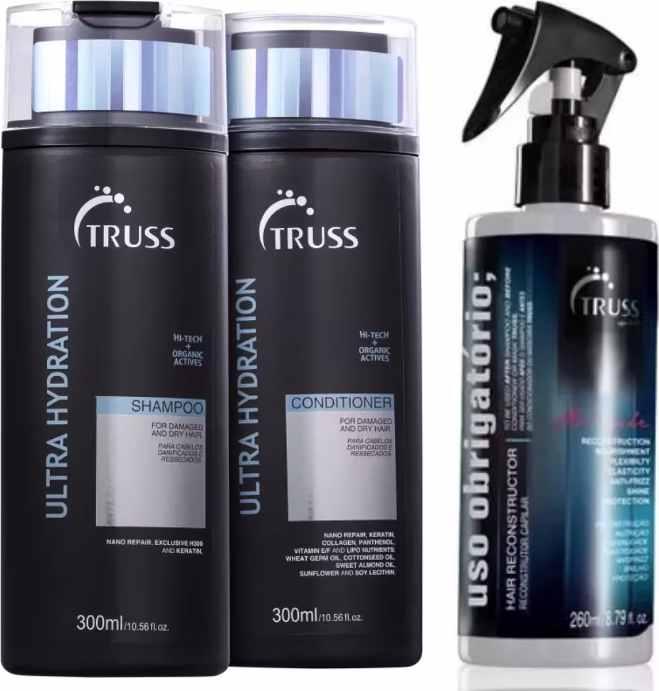Kit com 3 produtos de TRUSS. Dois frascos grandes de shampoo e condicionador, um frasco de uso obrigatório spray.